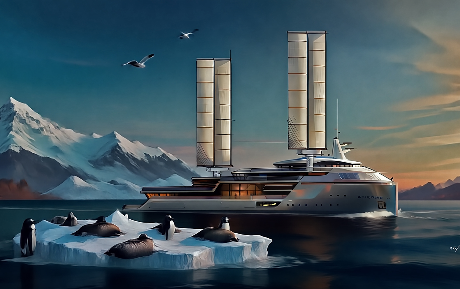 Antarctica yacht charter — wind-powered explorer yacht near iceberg with penguins