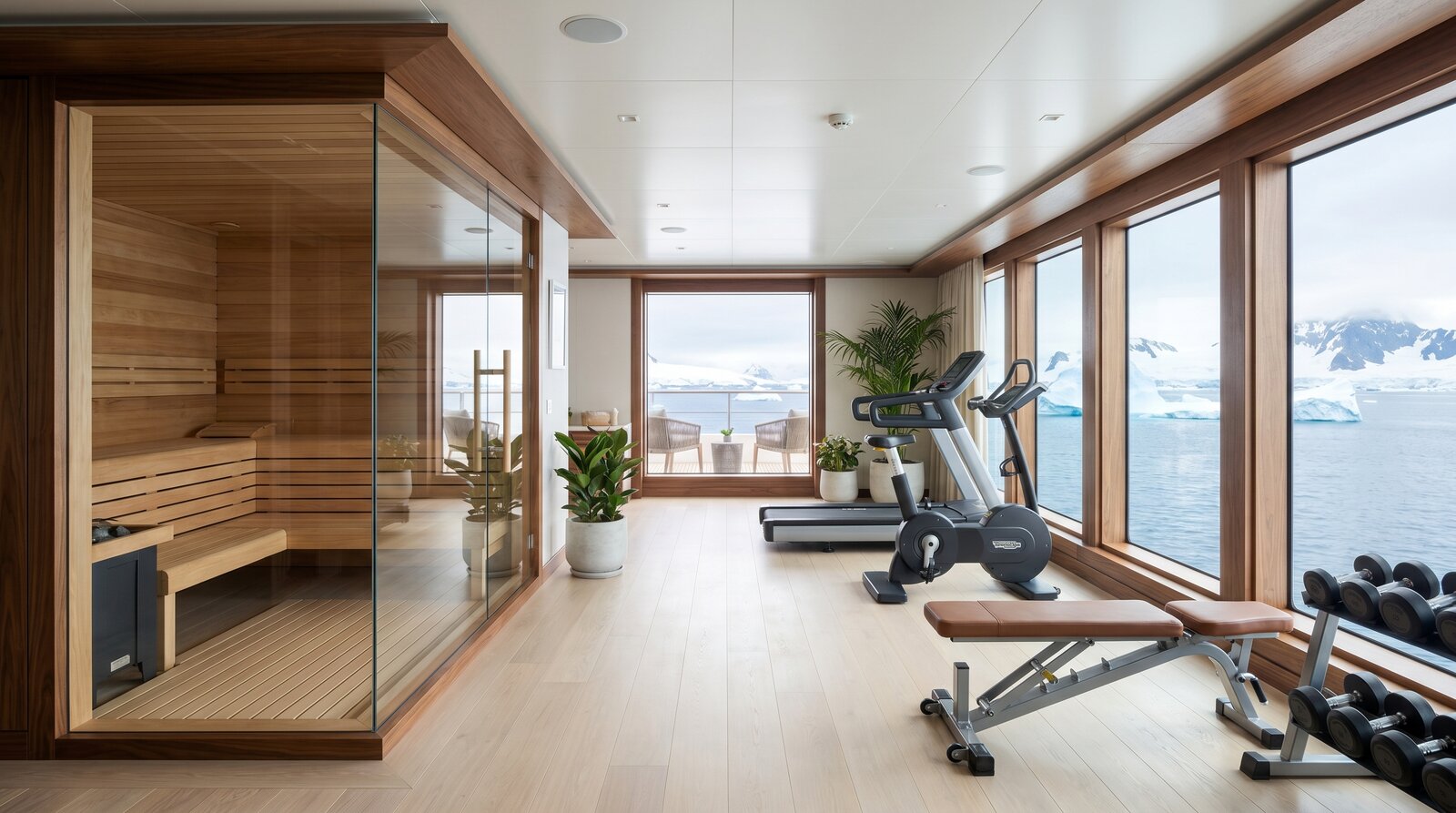Gym and sauna with glacier view