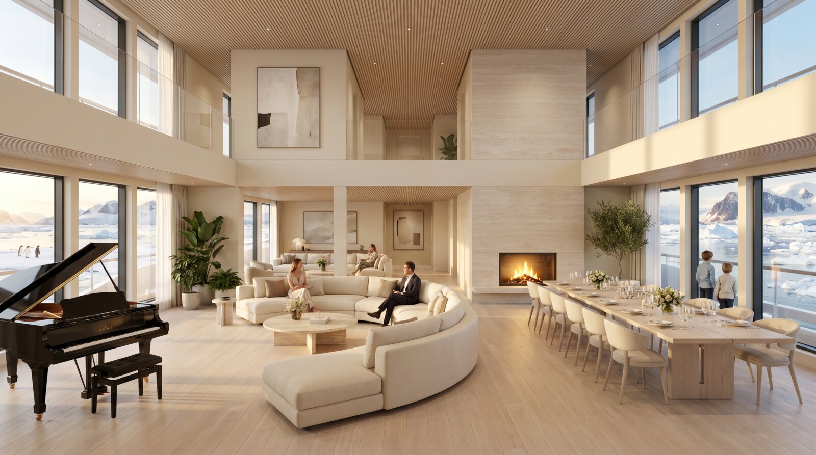 Double-height grand salon with fireplace, polar view
