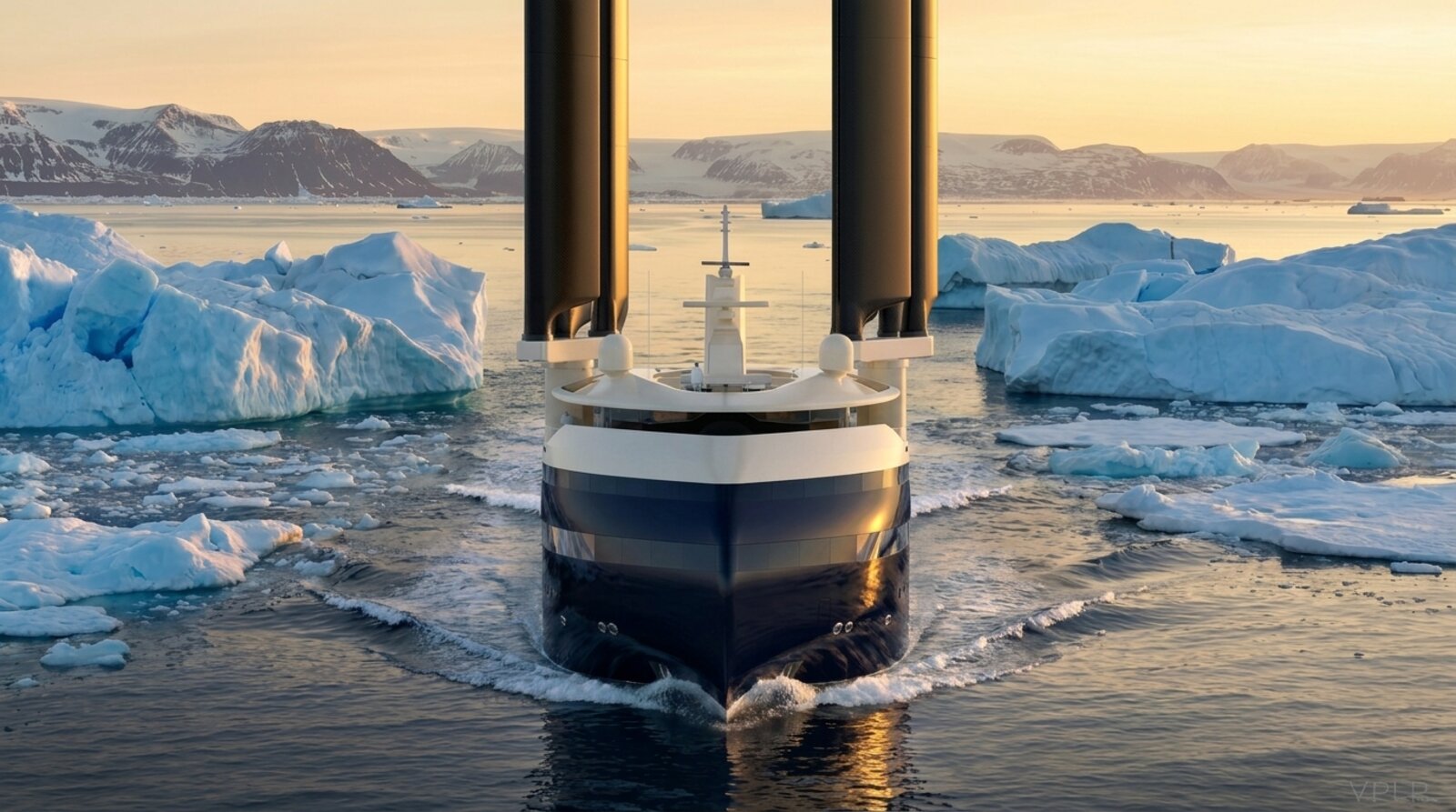 Bow-on in polar waters between icebergs